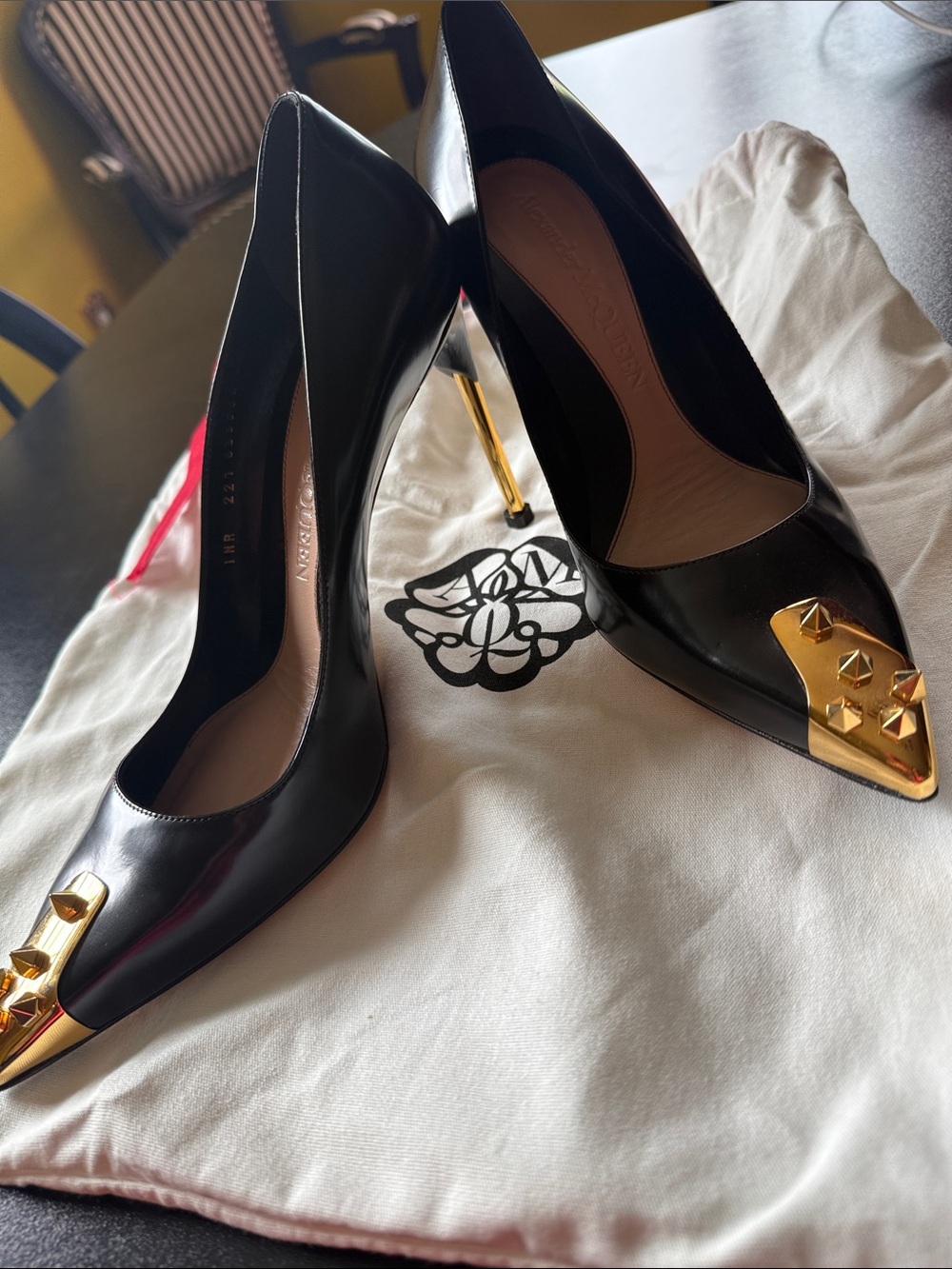 Alexander McQueen Black Leather Pointed Toe Pumps with Gold Cap & Studs - Picture 2 of 8